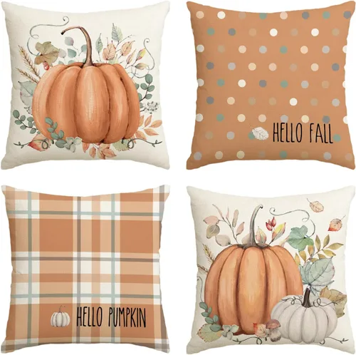 Vista 10 de AVOIN colorlife Juego de 4 fundas de almohada de Hello Fall Hello Pumpkin de 16 x 16 pulgadas, cosecha de Acción de Gracias de otoño, decoración