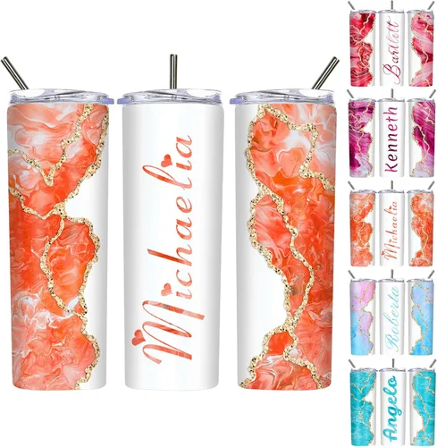 Vista 18 de Vasos delgados personalizados con tapas y pajitas de 20 onzas, diseño de mármol personalizado, vasos de acero inoxidable delgados con nombre