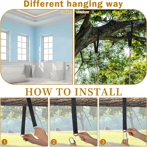 Vista 4 de Hollowfly 2 Piezas Asiento de Columpio de Madera Carbonizada Colgante Columpio de Árbol de Madera con Cuerda Ajustable Anticorrosivo Impermeable