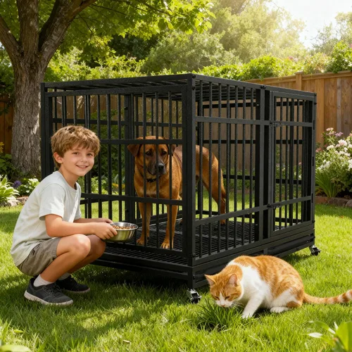 Vista 8 de Asee'm Jaula de perro resistente de 48 pulgadas con ruedas para perros grandes, jaula indestructible a prueba de escapes para perros de alta