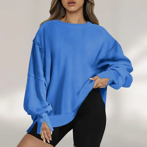 Vista 2 de Sudaderas de gran tamaño con cuello redondo para mujer, otoño, moda, manga abombada, color sólido, ajuste holgado, ropa de invierno Y2K