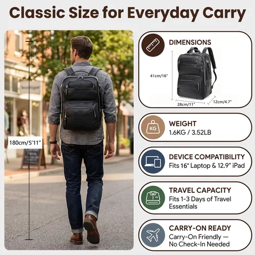 Vista 2 de LANNSYNE Full Grain Leather Backpack for Men, 16" Laptop Backpack with USB Charging Port, Business Travel Daypack