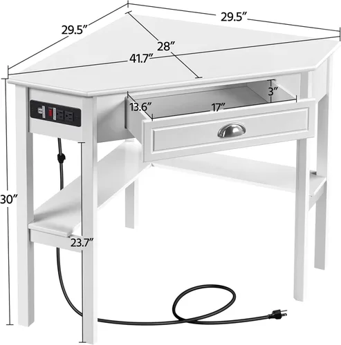 Vista 3 de Yaheetech - Escritorio esquinero en forma de L y silla blanca USB ports, storage drawer and shelf, space-saving corner fit, modern style, sturdy