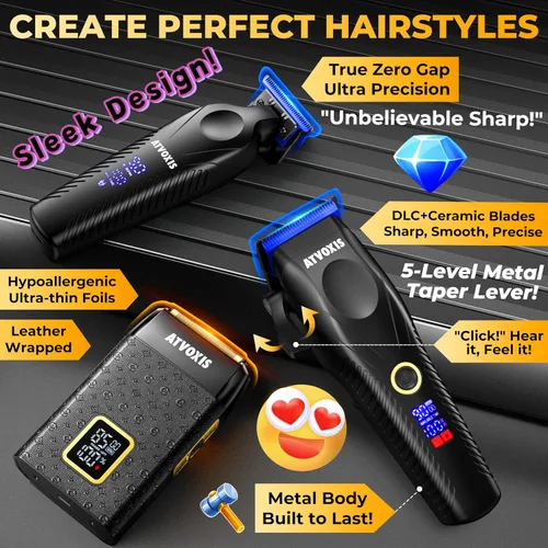 Vista 6 de Juego de cortapelos profesional con motor sin escobillas de 9000 RPM para hombres: cortadoras inalámbricas y recortadoras de espacio cero