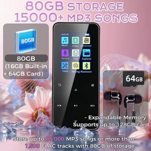 Vista 3 de Reproductor MP3 de 80 GB con Bluetooth Reproductor de música portátil de alta fidelidad con altavoz HD, sonido sin pérdidas, radio FM, grabadora