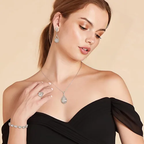 Vista 3 de Flyonce Juego de joyas de boda para novias, damas de honor, brillantes con circonita cúbica, colgante de lágrima, aretes colgantes, anillos