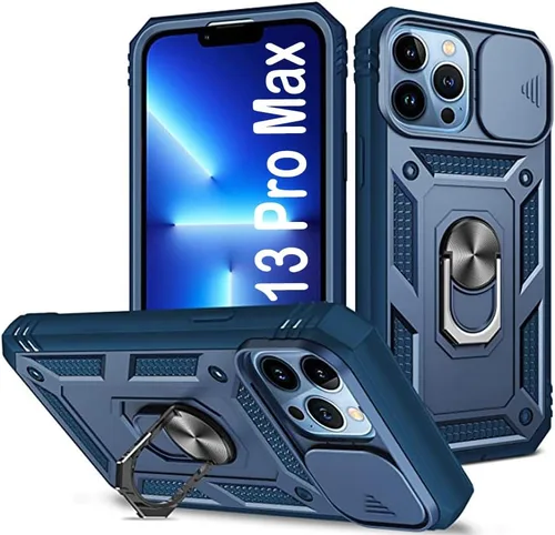 Vista 9 de PASNEW Funda militar para iPhone 13 Pro Max, cubierta de cámara deslizante y soporte de anillo de metal de 360°, carcasa rígida multicapa resistente