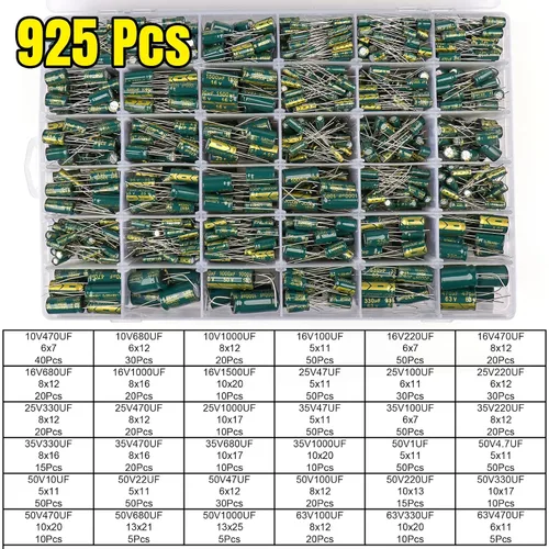 Vista 2 de 925Pcs 36Values Aluminio Electrolítico Capacitor Surtido Kit Lowesr Capacitores Surtidos Kits 1uF 4.7uF 10uF 22uF 47uF 100uF 220uF 330uF 470uF 680uF