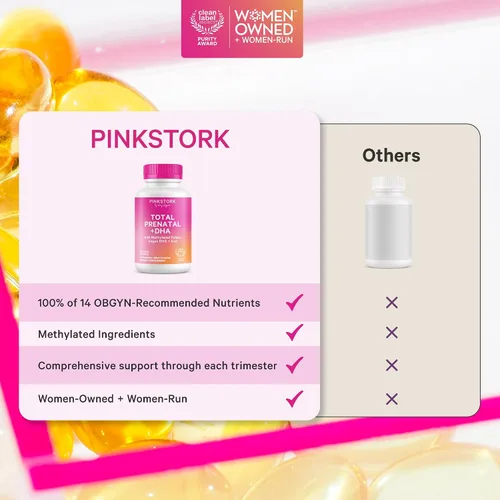 Vista 4 de Pink Stork Vitaminas prenatales totales para mujeres DHA vegano, metilfolato, hierro, colina, vitamina B12 Nutrición preconceptiva Sin eructos