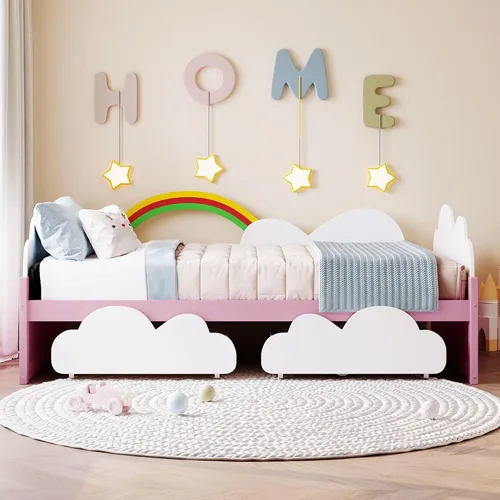Vista 3 de Merax Cama individual con decoración de nubes y arco iris, marco de cama de madera con cajones de almacenamiento para niños