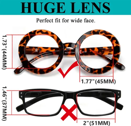 Vista 2 de LUR Gafas de lectura redondas de gran tamaño para mujer, paquete de 4 unidades, marco grande +0.50