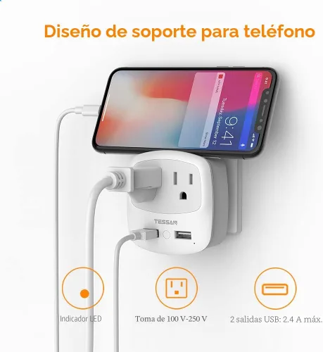 Vista 6 de TESSAN Convertidor de adaptador de enchufe europeo de viaje International Power Plug Converter, 2 USB Ports, Type C Outlet, US to Most of Europe