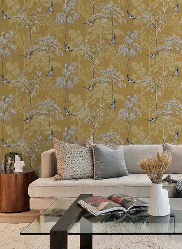 Vista 3 de NextWall Bird Garden - Papel tapiz autoadhesivo (ocre)