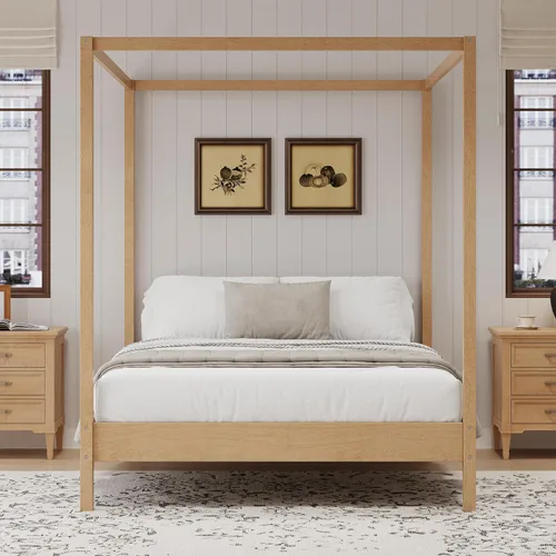Vista 9 de VilroCaz Cama moderna de plataforma con dosel de tamaño Queen con cabecera capitoné de canal de tapicería, base de cama de metal con 4 carteles