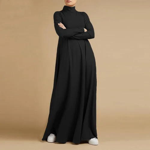 Vista 6 de Vestido largo casual para mujer, de manga larga, cuello falso, vestido de Ramadán musulmán Abaya, vestido maxi fluido, vestido de noche islámico