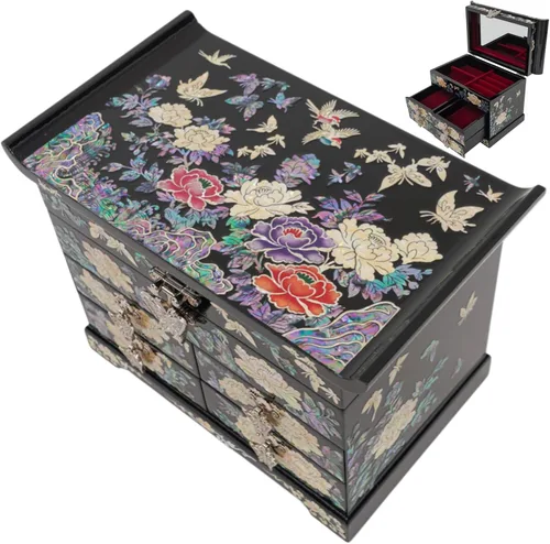 Vista 22 de Caja de Joyería February Mountain con Incrustación de Nácar - Diseño Tradicional de Flores y Mariposas Elegante para Ella