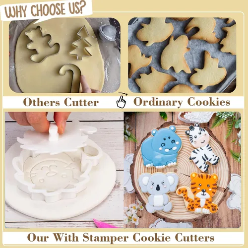 Vista 3 de Juego de 8 cortadores de galletas de animales con mango de sello 3D, diseño de selva para cocina, formas de pastel de ácido poliláctico