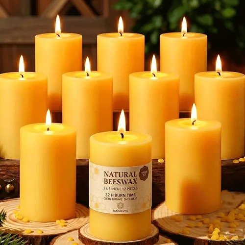Vista 12 de Velas de pilar de cera de abeja natural, no tóxicas, 2 x 3 pulgadas, paquete de 6, 192 H de combustión larga Amarillo