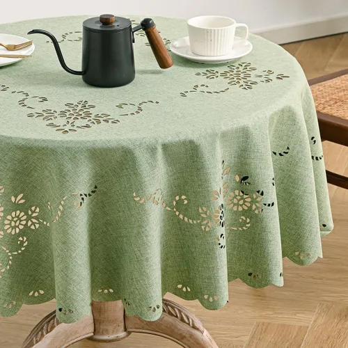 Vista 2 de Wracra Mantel redondo de macramé impermeable, estilo lino de granja, resistente a las arrugas, lavable, para interiores y exteriores