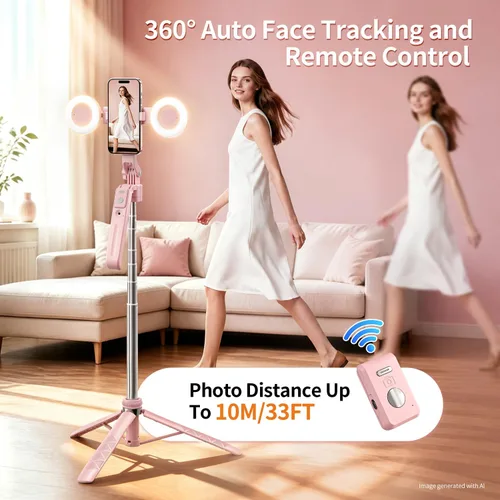 Vista 2 de Trípode magnético de seguimiento facial automático rosa con luz para iPhone, trípode para selfie stick de 71 pulgadas, rotación de 360° que sigue tu