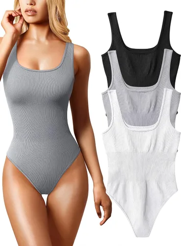 Vista 8 de OQQ Body de 3 piezas para mujer, sexy, acanalado, sin mangas, cuello cuadrado, camiseta sin mangas, leotardo, trajes de moda 2025 negro azul blanco