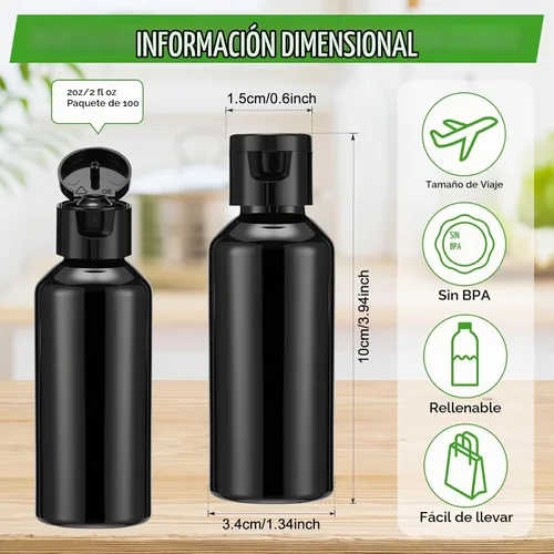 Vista 2 de Eccliy Paquete de 100 botellas de plástico de 2 onzas, botella de loción de viaje, botellas de plástico con tapas, recipientes pequeños de viaje