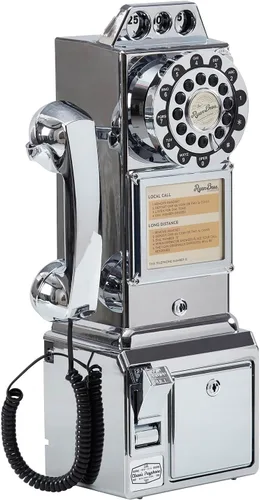 Vista 11 de Ryan Bros. Teléfono de pago retro americano de los 1950 con banco de monedas, teléfono fijo de pared con cable (negro)
