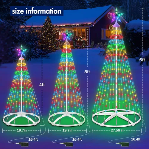 Vista 2 de 3 paquetes de luces de árbol de Navidad en forma de cono, luces de árbol de Navidad de 4' 5' 6' regulables con 12 modos de control remoto, luces