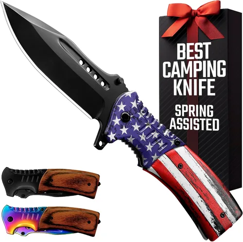 Vista 12 de Cuchillo de bolsillo para hombres con mango de madera, rompedor de vidrio y clip de bolsillo, hoja afilada de 3.66 pulgadas, cuchillos plegables