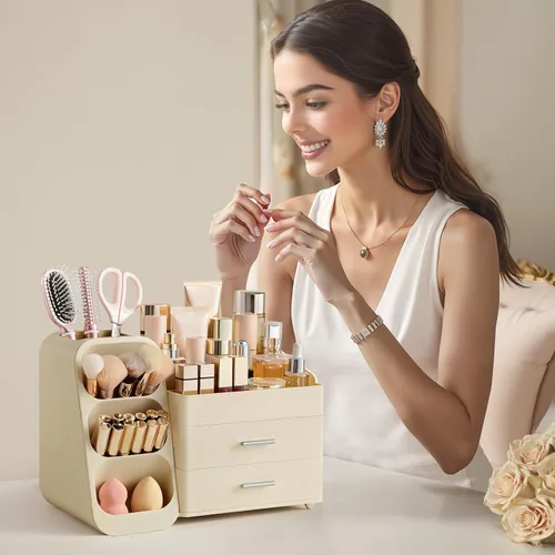 Vista 6 de HBlife Organizador de maquillaje con soporte para brochas para tocador, organizador grande de plástico para tocador de baño, almacenamiento