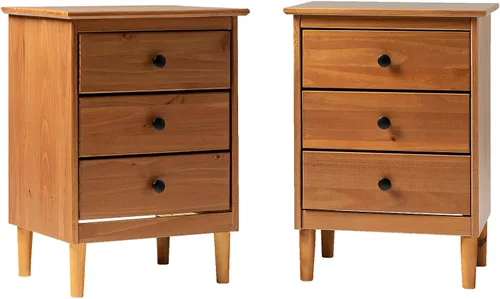 Vista 7 de Walker Edison Myron Modern - Juego de 2 mesitas de noche de madera maciza de 3 cajones, 2 unidades, color caramelo Blanco
