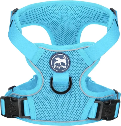 Vista 15 de PoyPet - Arnés para perro reflectante de malla suave y transpirable, chaleco doble acolchado sin estrangulamiento, ajustable (negro, XS)