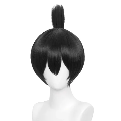 Vista 8 de Peluca de cosplay de pelo corto rizado negro para adultos, pelucas de Halloween para mujeres y hombres