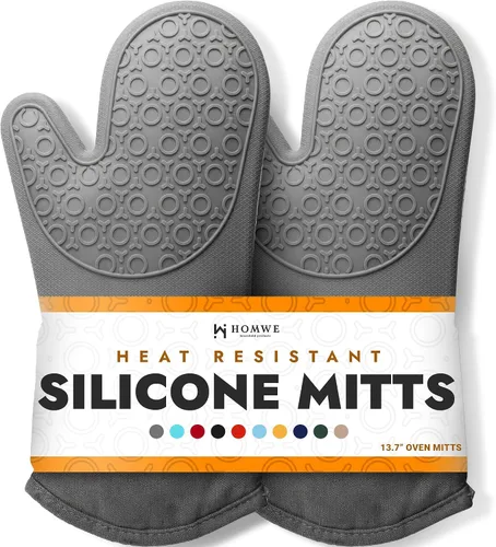 Vista 24 de HOMWE - Manopla de horno profesional y extralarga de silicona, guantes con forro acolchado, agarraderas resistentes al calor, guantes flexibles