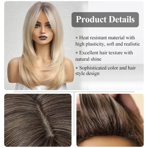 Vista 4 de HAIRCUBE Pelucas rubias degradadas con flequillo, longitud al hombro, peluca rubia ceniza para mujer, pelucas en capas, raíces oscuras, pelucas