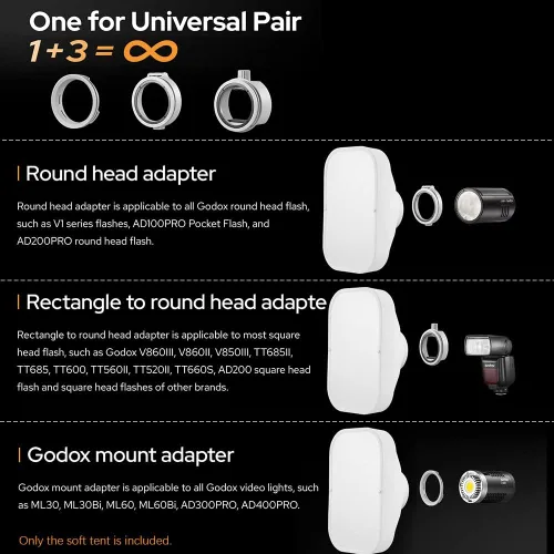 Vista 7 de GODOX ML-CS1625 Softbox Kit de cúpula de difusión con 3 adaptadores, difusor plegable para GodoxV1 Serie V1 ML30 ML60BI AD200PRO AD300PRO 400PRO V