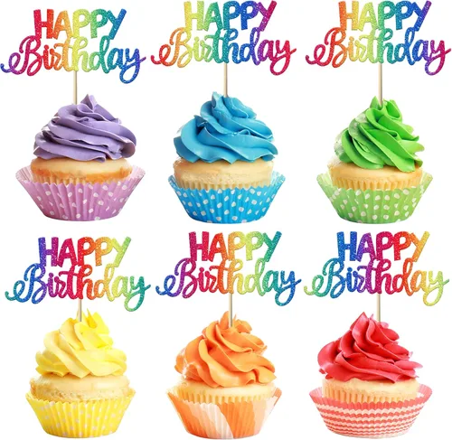 Vista 14 de Paquete de 30 adornos para cupcakes con purpurina para celebración, cumpleaños, baby shower, niños, fiesta de cumpleaños, suministros de decoración
