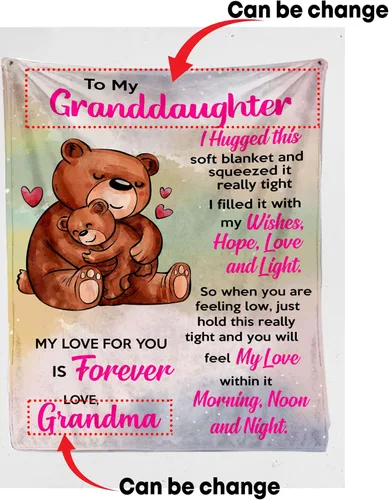 Vista 3 de Manta personalizada con texto en inglés «To My Granddaughter from Grandma Mom Grandpa», manta personalizada con letras de oso, manta de microforro