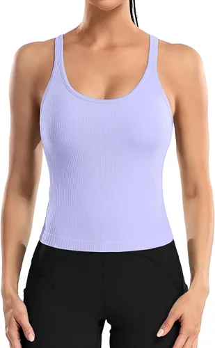 Vista 130 de ATTRACO Camiseta corta acanalada de entrenamiento para mujer con brasier integrado para yoga, espalda cruzada, ajuste ajustado