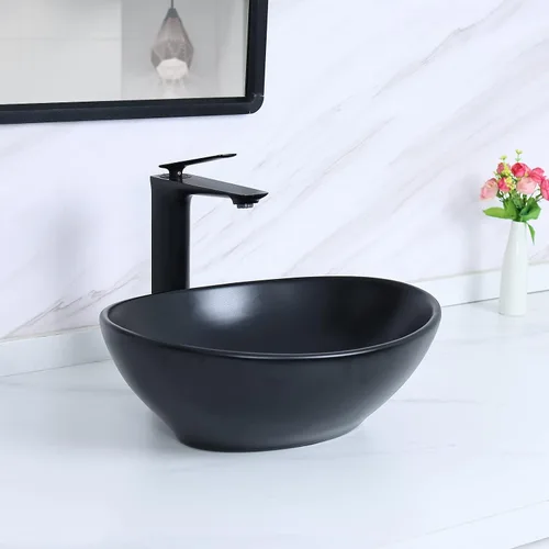 Vista 4 de Davivy Fregadero ovalado negro mate de 15.7 x 13 pulgadas con drenaje desplegable, fregaderos de baño sobre encimera, fregaderos de baño, fregaderos