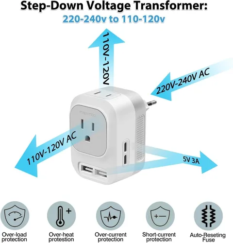 Vista 2 de Mapambo Convertidor de voltaje de Estados Unidos a Europa Viajes: Adaptador de viaje universal internacional con carga rápida 2 USB-A 2 puertos
