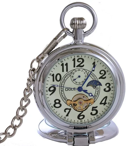 Vista 5 de OGLE Lupa plateada impermeable Tourbillon Phases Moon Chain Fob Auto Bobinado automático Skeleton Half Hunters Reloj de bolsillo mecánico