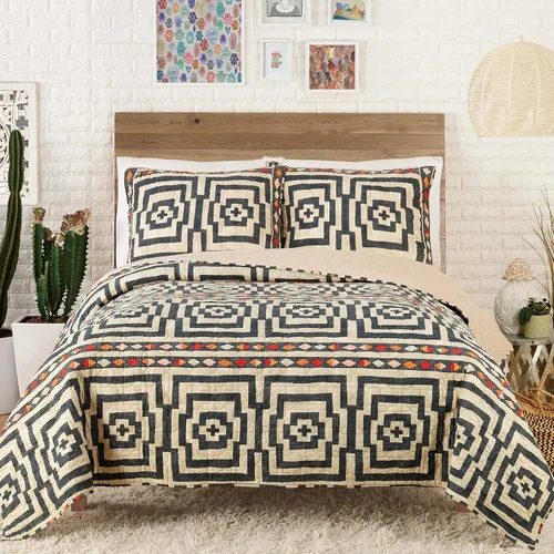 Vista 2 de Hypnotic - Juego de edredón de algodón de 2 piezas de Jungalow color negro, ligero, juego de ropa de cama acolchado estampado con fundas