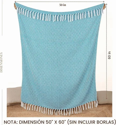 Vista 6 de RAJRANG - Manta azul aguamarina con borla bohemia, 50 x 60 pulgadas, súper suave, 100% algodón, cálida manta decorativa para sofá, sillas y sofá