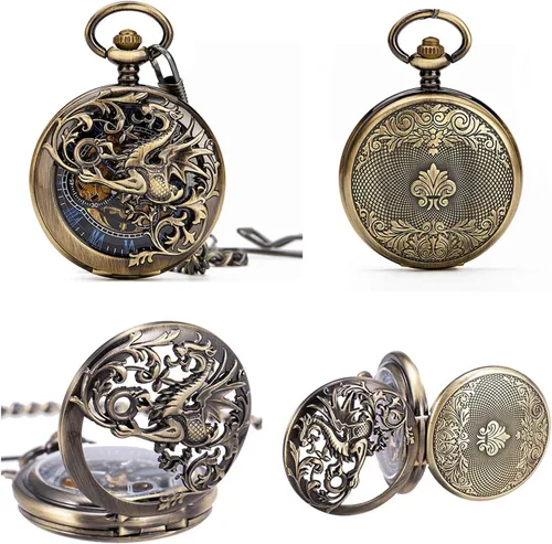 Vista 4 de Carrie Hughes Men Mechanical Pocket Watch with Chain Lucky Dragon Steampunk Skeleton Hunter Double Open in Box CHPW10
