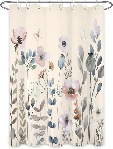 Vista 2 de Cortina de ducha con diseño bohemio de plantas y flores de acuarela sobre fondo beige, cortina de ducha de baño con hojas naturales, cortina