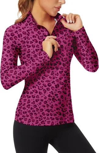 Vista 21 de WOWENY - Camiseta de manga larga con cremallera de 1/4 para mujer, con cuello, para hacer deporte, con estampado, para tenis Hoja multicolor.