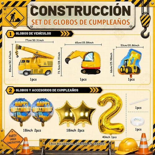 Vista 2 de Suministros de fiesta de 2º cumpleaños de construcción, juego de 9 globos de construcción con globo dorado del número 2 de 2 años, globo de aluminio