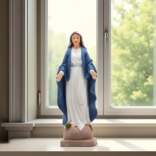 Vista 6 de Estatua de Nuestra Señora de Gracia – Figura de 8.5 pulgadas, decoración religiosa católica de resina para altar del hogar, mesa de oración, Azul
