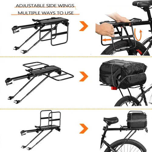 Vista 2 de Estante plegable de carga para bicicleta de alas anchas, liberación rápida, universal, gran capacidad, altura ajustable de 24 a 29 pies